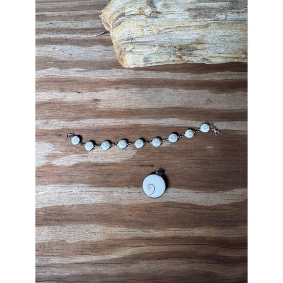 Sterling Silver Operculum Shiva Eye Shell Cats Eye Pendant Bracelet Set - Picture 4 of 4